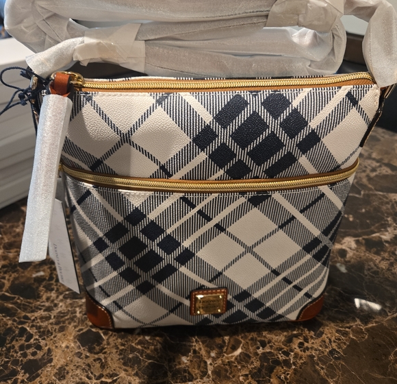Dooney & Bourke Handbags - Dooney & Bourke Navy and White Plaid Crossbody with Brown Trim